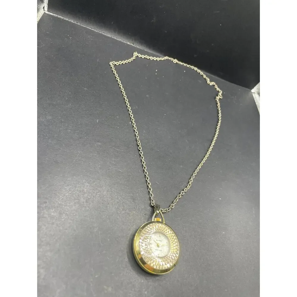 Lucerne Swiss Made Mechanical Pendant Watch Necklace Gold Tone Cable Chain
